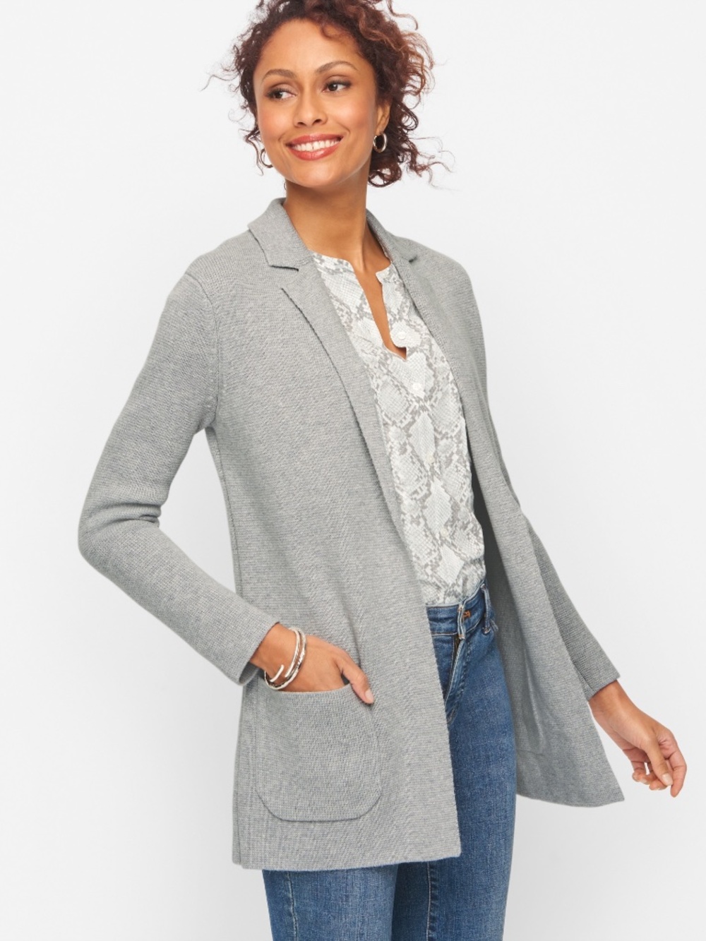 Talbots Gray Knit Blazer Cardigan Sweater Jacket Large Soft Knit